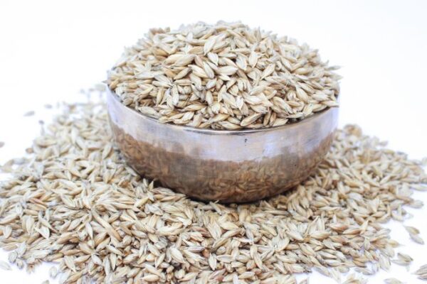 Grains d'épeautre dans un bol en métal – rembourrage naturel des appuis-nuque tatamiportable.com